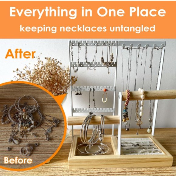 4-Tier Earring Holders & Necklace Towers - Jewelry Organizer w/ Velvet Ring Tray - Picture 6 of 11